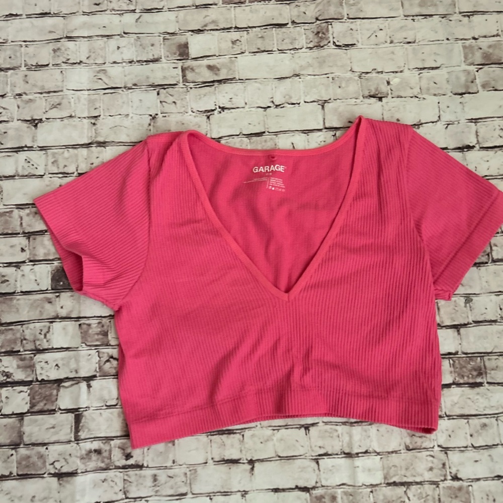 Pink Ribbed V Neck Crop Top by Garage Size P/S